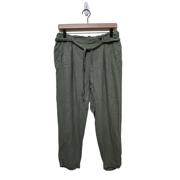 Cali 1850 Olive Linen Blend High Waist Drawstring Cropped Skinny Pants Sz M - Picture 1 of 8